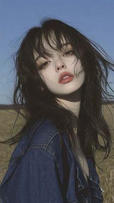 Woman with long, windblown hair wearing a denim jacket outdoors