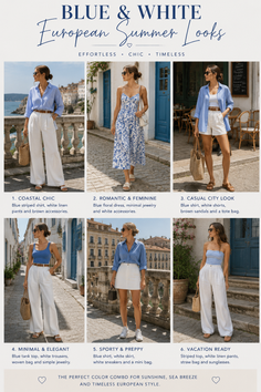 Six women modeling blue and white European summer outfits in various outdoor settings