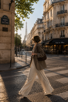 Woman walking across a street in Paris with the Eiffel Tower in the background