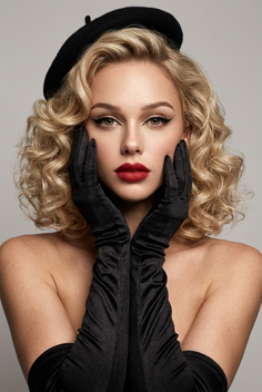 Woman with blonde curly hair, red lipstick, black beret, and long gloves