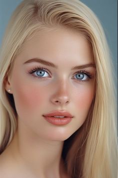 Close-up portrait of a woman with blonde hair and blue eyes