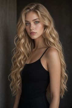 Woman with long blonde hair and green eyes wearing a black top