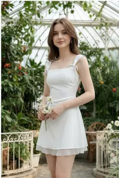 Woman in a white dress holding flowers in a greenhouse