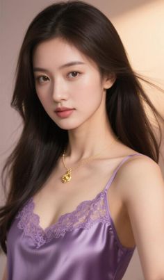 Woman with long hair wearing a purple lace-trimmed camisole and gold necklace