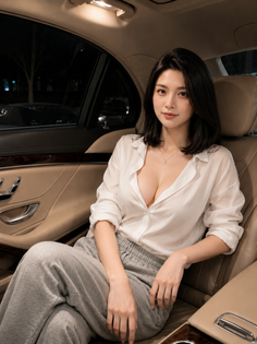 Woman in a white shirt and sweatpants sitting in a car at night