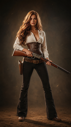 Woman in a cowgirl outfit holding a rifle with dramatic lighting