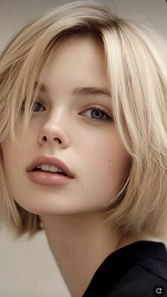 Close up portrait of a young woman with short blonde hair and blue eyes