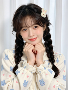 Woman with braided hair and a rabbit clip wearing pajamas with bunny print