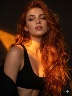 Woman with long red hair and blue eyes in a black top with golden hour lighting