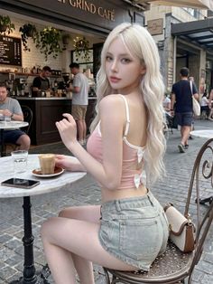 Woman with long blonde hair in a crop top and denim shorts at an outdoor cafe