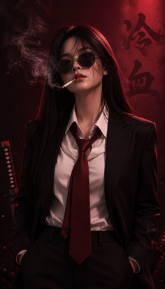Woman in a suit and sunglasses smoking a cigarette with red dramatic lighting