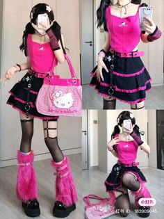 Person in a pink top and black skirt with pigtails and furry leg warmers