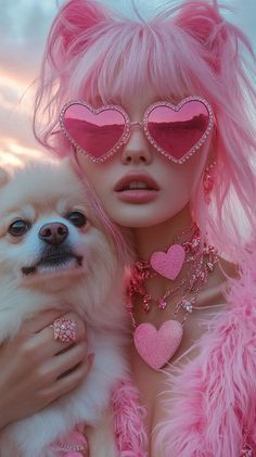 Woman with pink hair and heart sunglasses holding a pomeranian dog