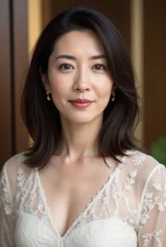 Woman with short dark hair wearing a white lace dress and earrings
