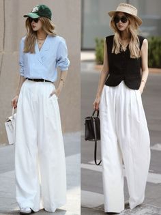 Two women in wide-leg white pants, one in a striped blouse and the other in a black vest