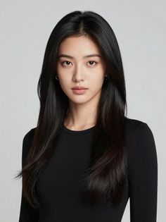Woman with long black hair and a black shirt in a studio portrait