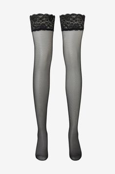 Pair of black sheer thigh-high stockings with lace trim