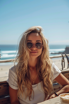 Blonde woman with sunglasses and long wavy hair at a beachside cafe