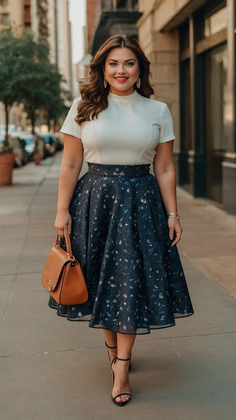 Woman in a white top and floral skirt holding a handbag on a city street