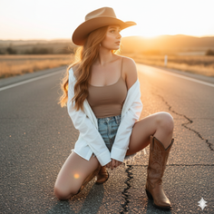 Woman in a cowboy hat and denim shorts kneeling on a road at golden hour