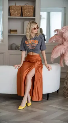 Woman with blonde hair wearing a crop top and long skirt, sitting indoors
