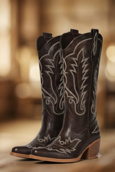 Pair of dark brown cowboy boots with white embroidery and a block heel