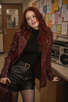 Woman with long red hair in a leather jacket and shorts indoors