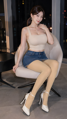 Woman in a denim skirt and high heels sitting indoors at night