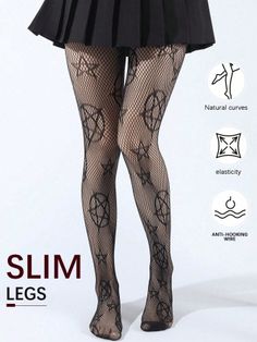 Person wearing fishnet stockings with pentagram pattern and a black skirt