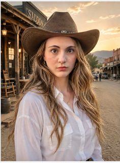 Woman in a cowboy hat and white shirt in an old west town at golden hour