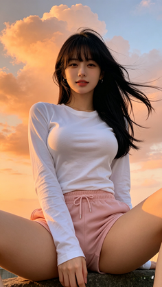 Woman with long black hair in pink shorts and white long sleeve at golden hour