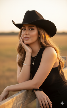 Woman in a black cowboy hat leaning on a wooden fence at golden hour