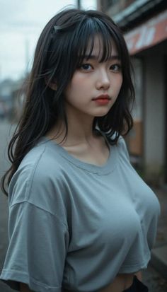 Woman with long black hair wearing a light gray t-shirt outdoors