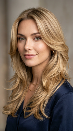 Woman with long blonde hair and gold jewelry wearing a blue top