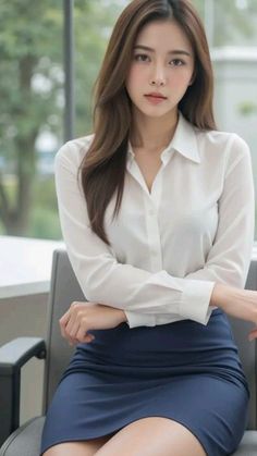 Woman with long brown hair wearing a white shirt and blue skirt indoors