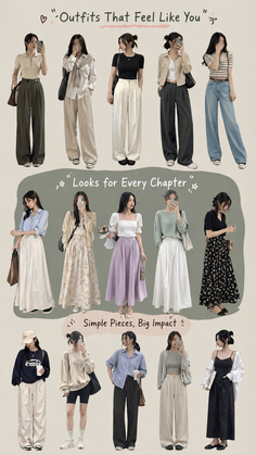 Multiple women showcasing various casual outfits with wide-leg pants and long skirts