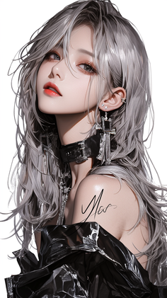 Illustration of a woman with silver hair, choker, and black clothing