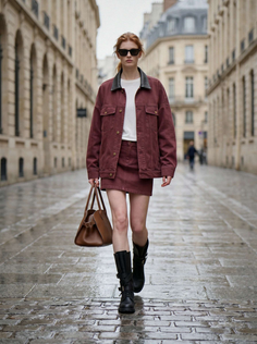 Woman with red hair in a denim jacket and mini skirt walking on a wet street