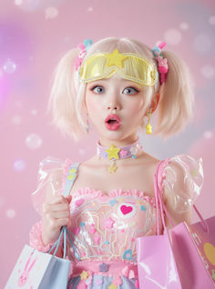 Woman with blonde twin tails and yellow goggles holding shopping bags