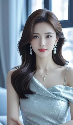 Woman with long brown hair wearing a sparkly dress and jewelry indoors