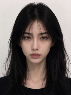 Woman with long black hair looking directly at the camera