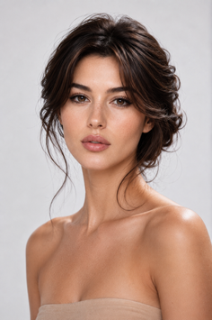 Woman with dark brown hair in an updo, bare shoulders, and natural makeup