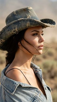 Woman in a distressed denim cowboy hat and jacket in a desert setting