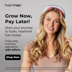 Blonde woman with long curly hair wearing a hair growth device