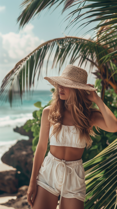 Woman in a straw hat and crop top on a beach with palm trees