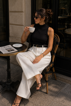 Woman in a black top and white pants sitting at an outdoor cafe table