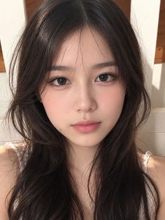 Young woman with long dark hair and natural makeup in a white top