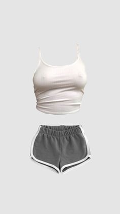 White ribbed tank top and grey athletic shorts on a simple background