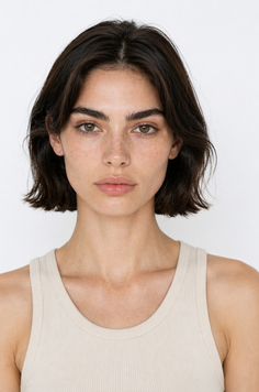 Woman with short dark hair and freckles wearing a tank top in a studio