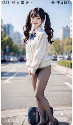Anime style girl in a school uniform and fishnet stockings on a city street